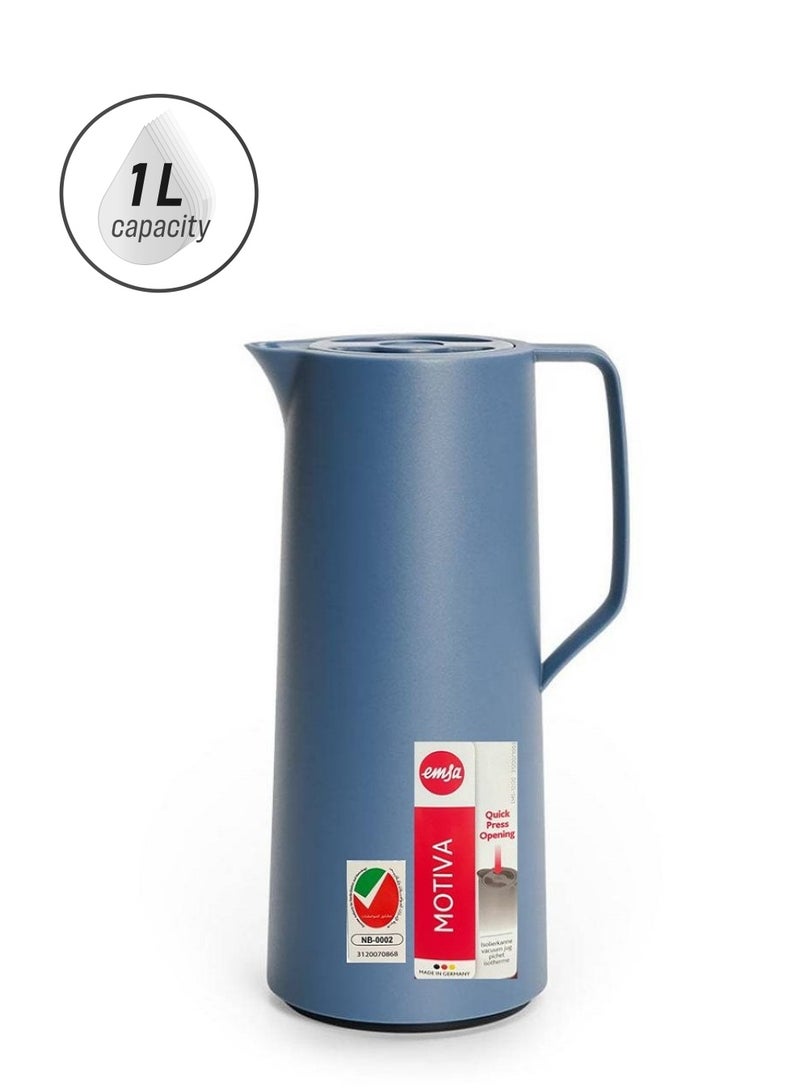 emsa Emsa N41703 Motiva Vacuum Jug | 1 Litre | Quick Press Closure | 12 Hours Hot, 24 Hours Cold | Glass Bulb |Flask| Made in Germany | Nordic Design | North Blue - Image 1