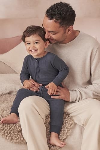MORI Baby Unisex Pajamas in Ribbed Navy with Zip and Mitts of Viscose from Bamboo - Footed Jumpsuit Sleepwear - 6-9 Months - Image 3