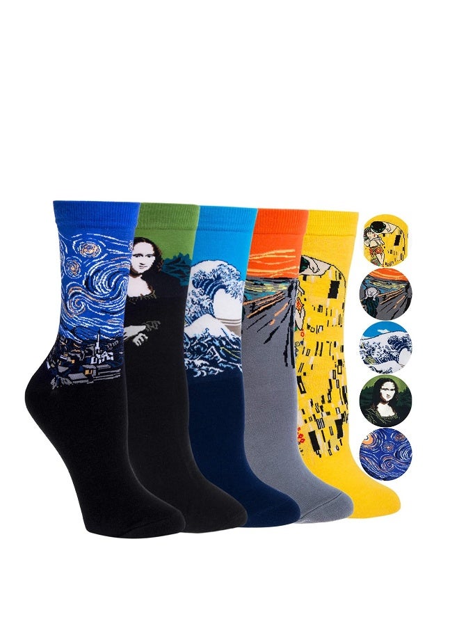 جوارب ملونة مخصصة للرجال، جوارب ذات تصميم فني مبتكر، جوارب قطنية مريحة ومميزة، تصميم فريد وجذاب لممارسة الرياضة مثل الجري، التزلج، وركوب الدراجات. مجموعة 5 أزواج للاستخدام اليومي. - Image 1