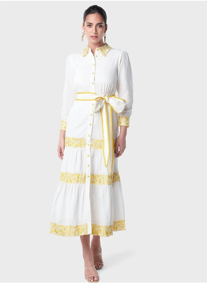 Threadz by Ajooni Contrast Embroidered Tier Dress