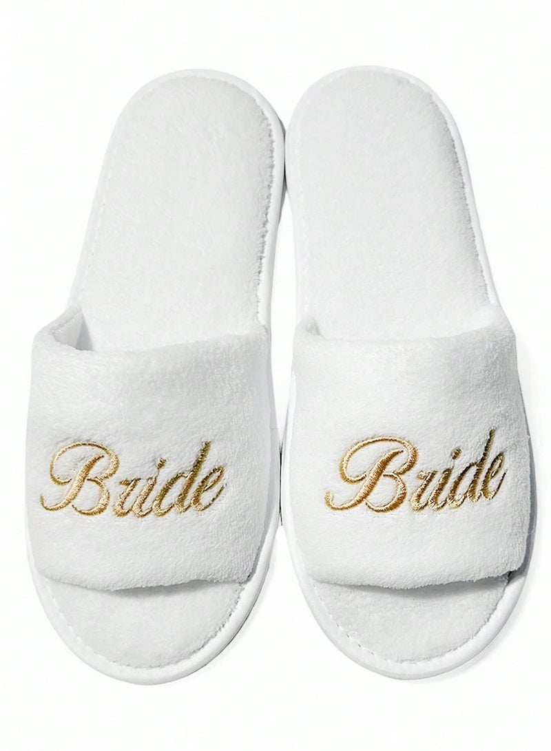 Bride Decoration – Women's Slippers Elegant bridal slippers embroidered with the word "Bride" in gold, perfect for wedding day preparations and bachelorette parties. - Image 1