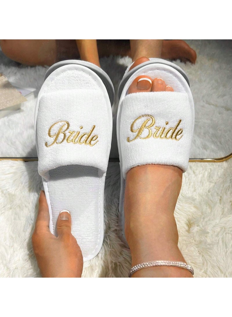 Bride Decoration – Women's Slippers Elegant bridal slippers embroidered with the word "Bride" in gold, perfect for wedding day preparations and bachelorette parties. - Image 2