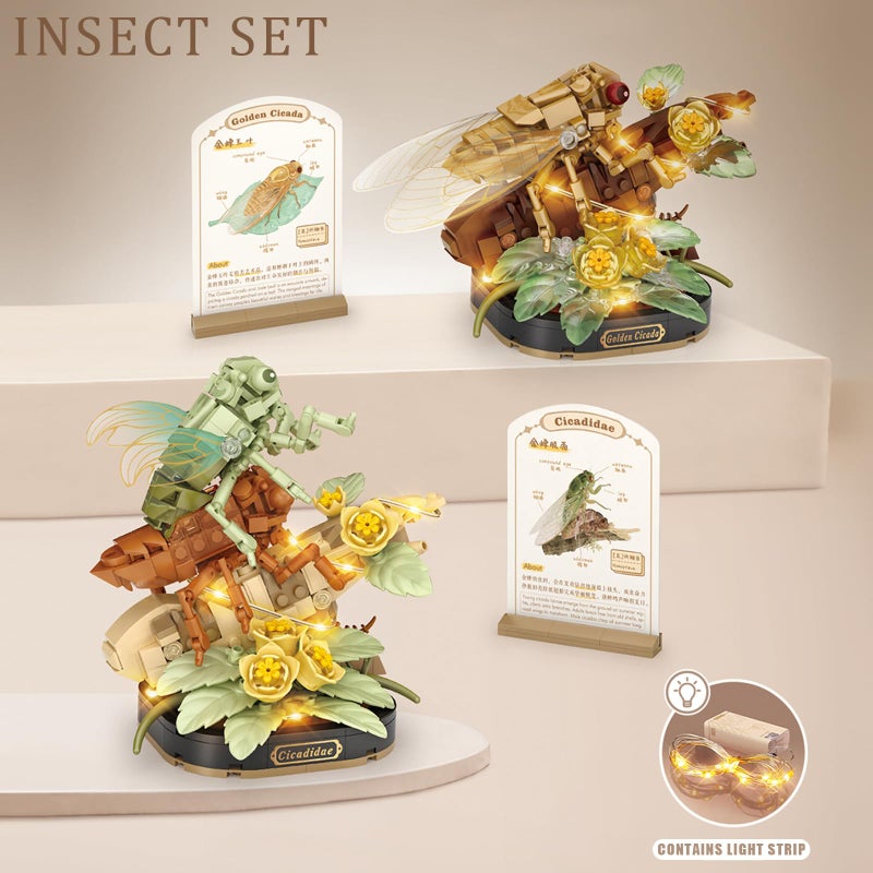 MEIEST Insect Flower Building Blocks Set,Colorful Construction Building Bricks Toy with a Science Popularization Card,Creative Home Decoration (Golden Cicada) - Image 3