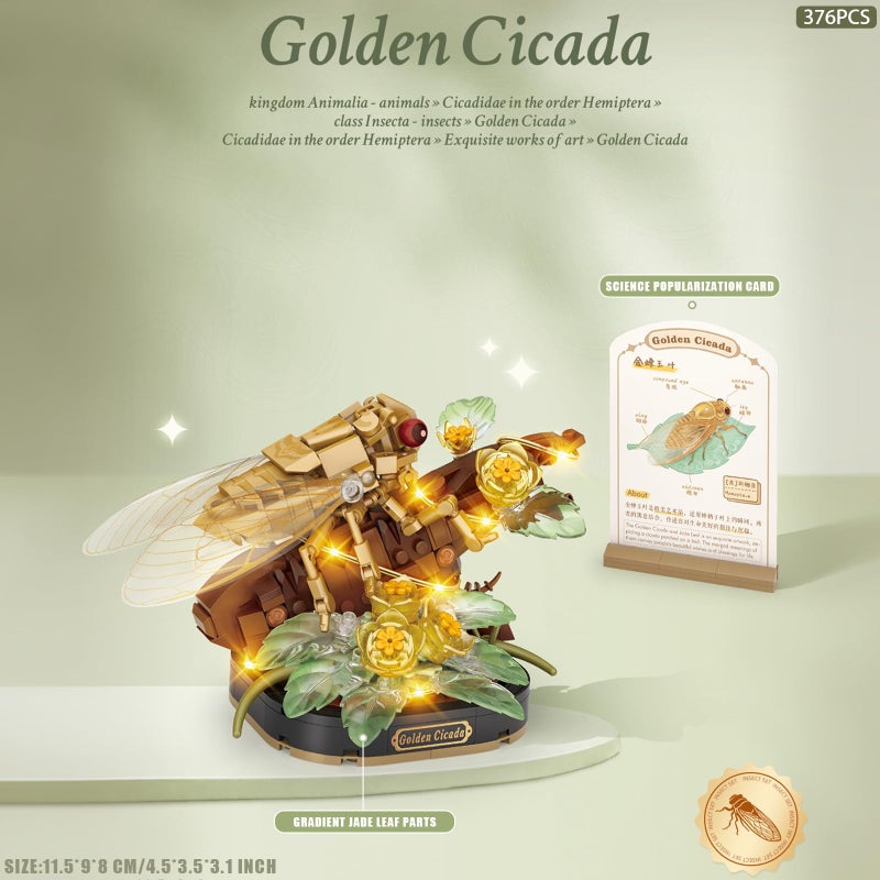 MEIEST Insect Flower Building Blocks Set,Colorful Construction Building Bricks Toy with a Science Popularization Card,Creative Home Decoration (Golden Cicada) - Image 2