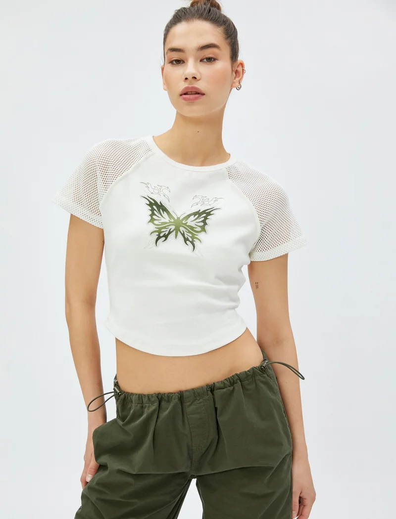 كوتون Crop T-Shirt Printed Mesh Detailed Crew Neck Cotton