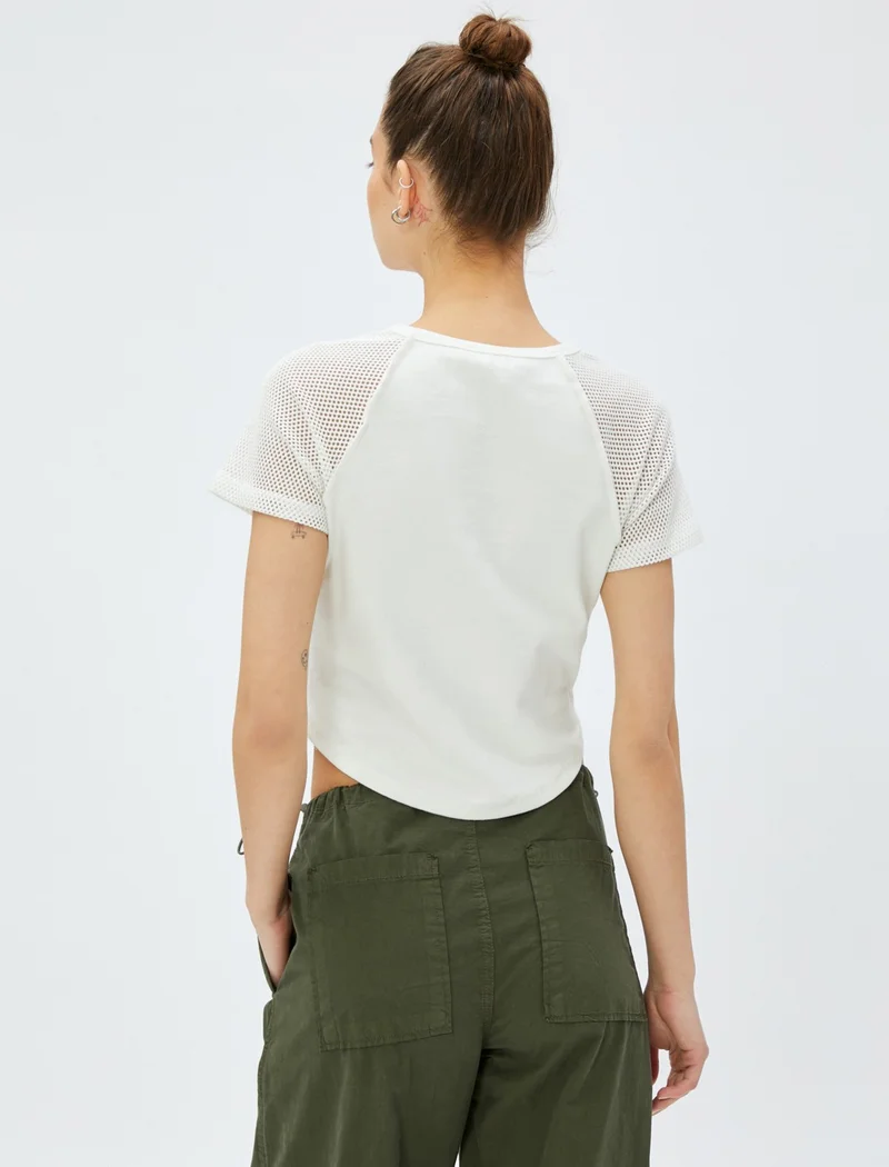 كوتون Crop T-Shirt Printed Mesh Detailed Crew Neck Cotton