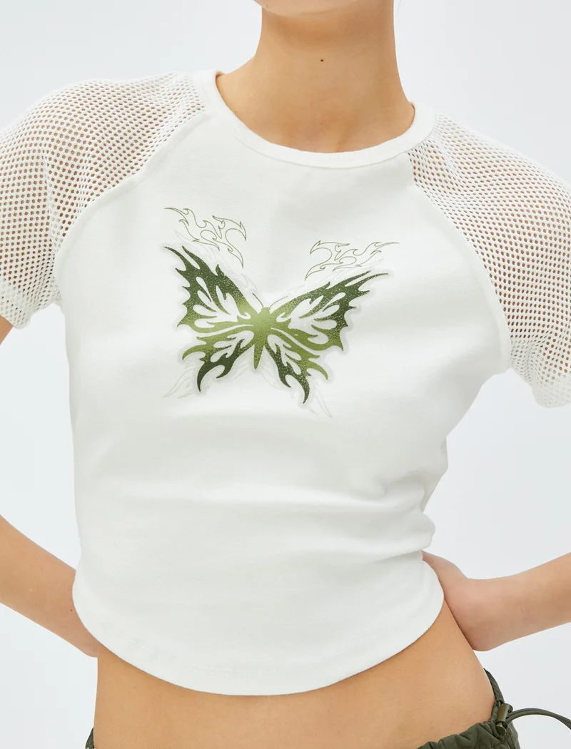 كوتون Crop T-Shirt Printed Mesh Detailed Crew Neck Cotton