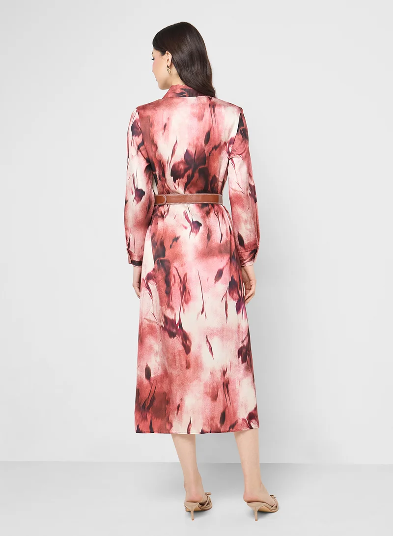 Ginger Blurred Floral Button Shirt Dress With Belt