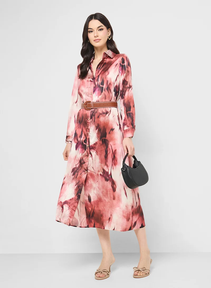 Ginger Blurred Floral Button Shirt Dress With Belt