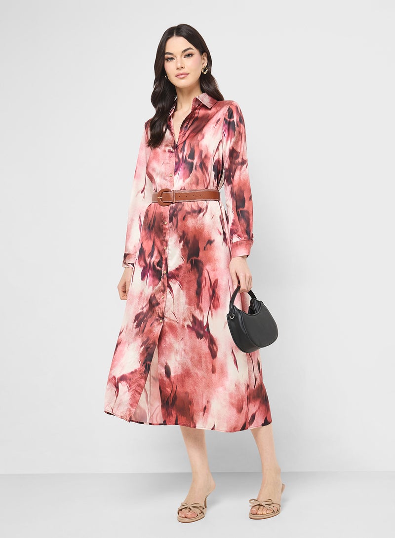 Ginger Blurred Floral Button Shirt Dress With Belt - Image 1