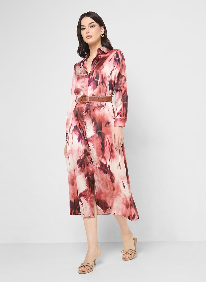 Ginger Blurred Floral Button Shirt Dress With Belt - Image 4