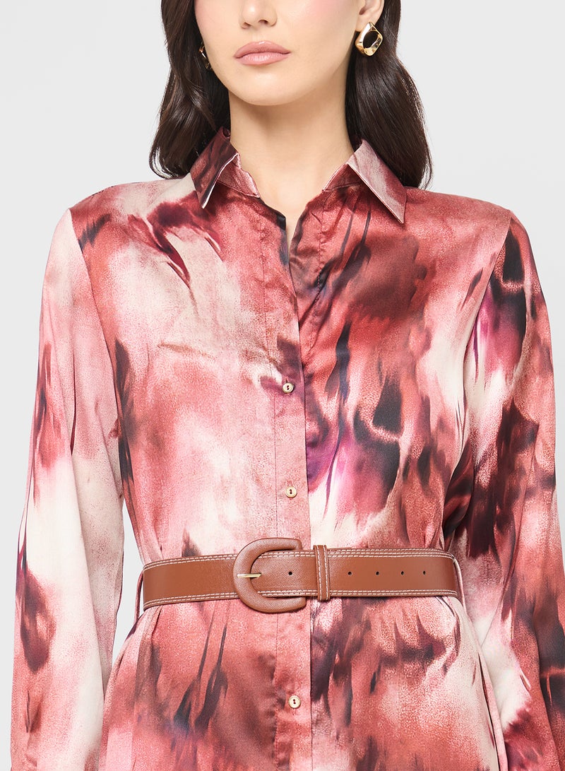 Ginger Blurred Floral Button Shirt Dress With Belt - Image 3