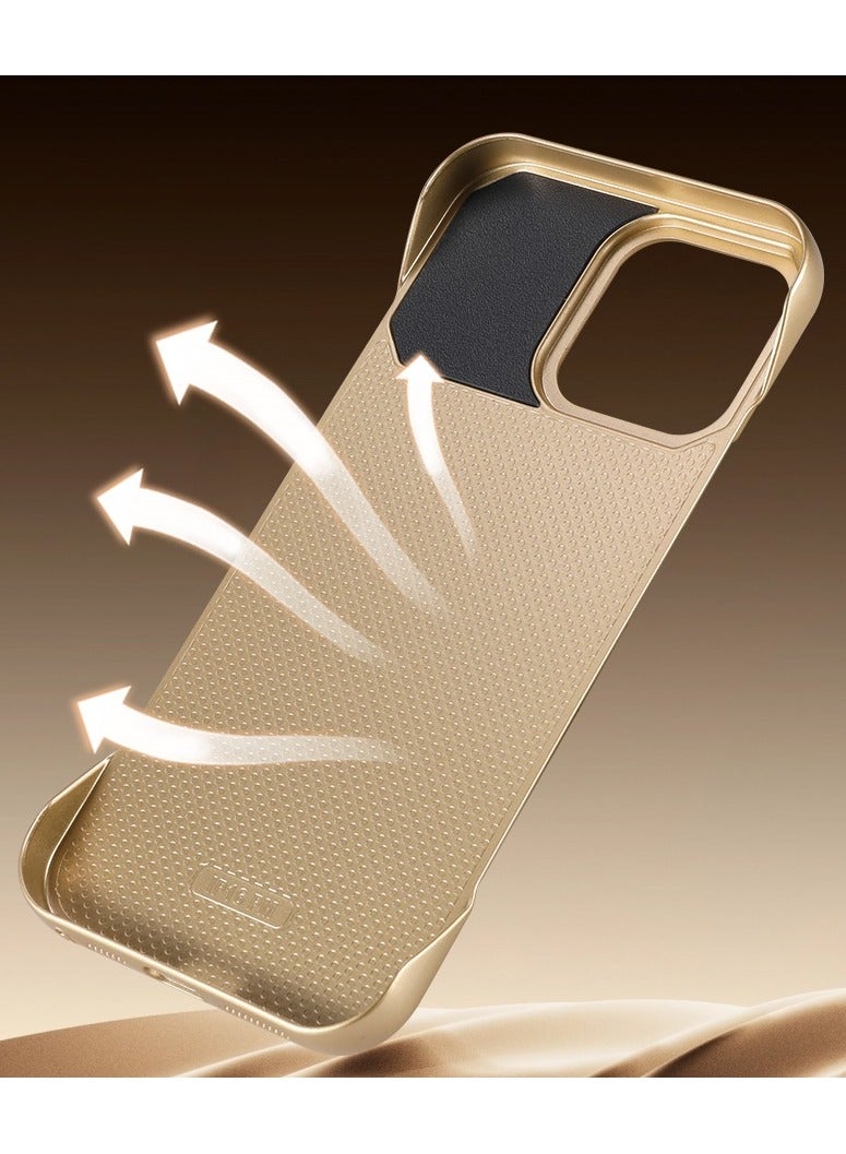 ايكارلوس جراب واقٍ بدون حواف من الجلد العطري لهاتف iPhone 16 Pro مع غطاء شحن لاسلكي مغناطيسي باللون الذهبي - Image 3