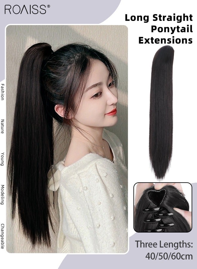 رويس وصلات شعر ذيل فرس طويلة مستقيمة، شعر ذيل حصان مستعار طبيعي بمشبك مخلب صغير، وصلة إطالة شعر، قطعة شعر صناعية للنساء والفتيات، تسريحة شعر ناعمة للاستخدام اليومي، 40/50/60 سم - أسود طبيعي - Image 1