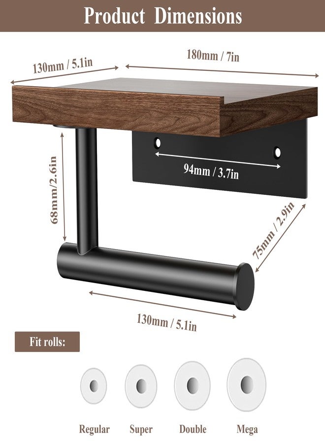 Tindbea Toilet Paper Holder with Wood Shelf, Wooden Wall Mount Tissue Paper Roll Holder, Matte Black Stainless Steel Bathroom Accessories Decor Household Home Apartment Restroom Essentials (Walnut) - Image 3