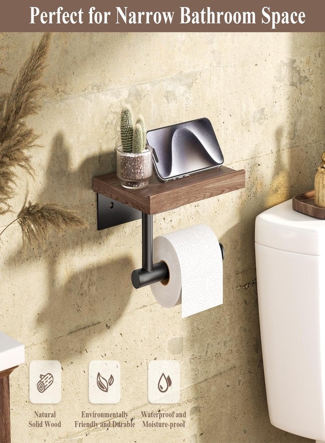 Tindbea Toilet Paper Holder with Wood Shelf, Wooden Wall Mount Tissue Paper Roll Holder, Matte Black Stainless Steel Bathroom Accessories Decor Household Home Apartment Restroom Essentials (Walnut) - Image 2