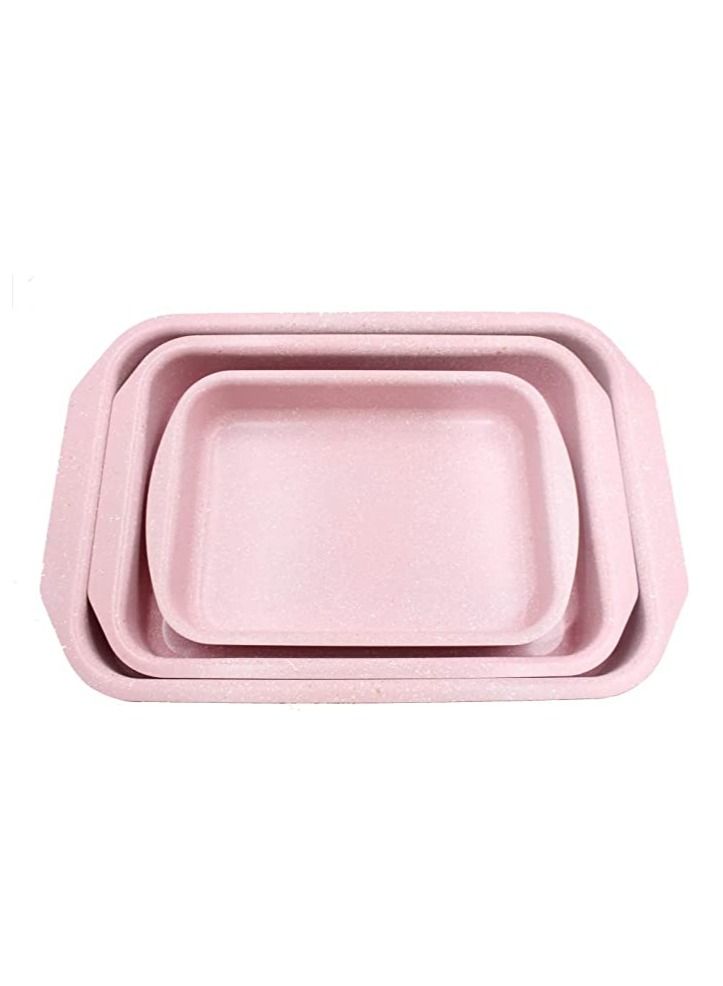 3-Piece Rectangular Granite Coated Non-Stick 3-Piece Oven Baking Tray Set 10 - 12 - 14 Inch Pink  - Image 1
