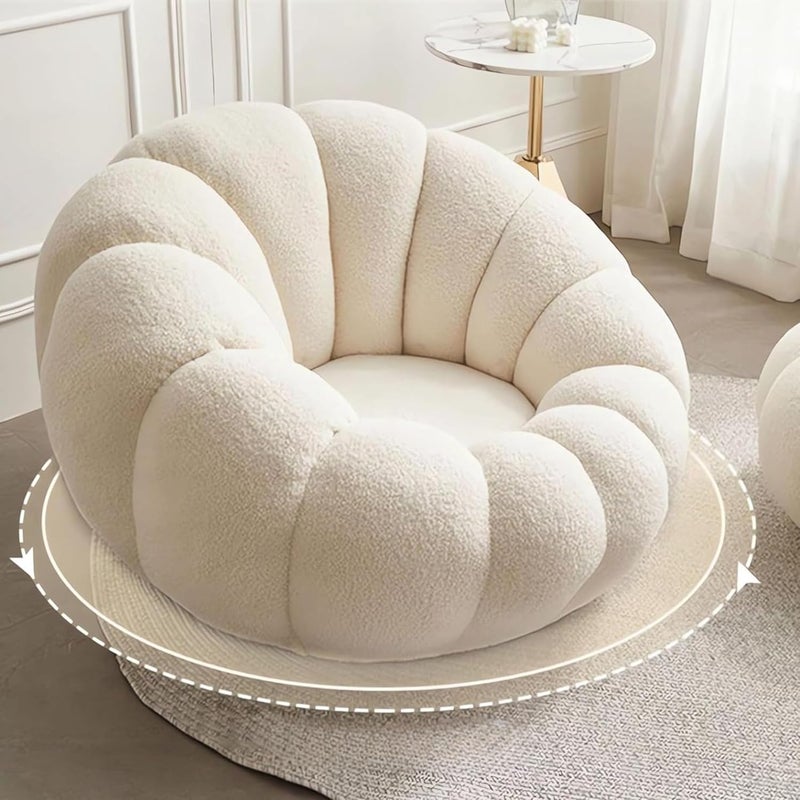 Poppins Home Single Sofa Set Sheep Velvet Round Pumpkin Chair with Footstool Modern Reclining & Sleeping Leisure Chair - Modern Living Room Furniture (White, Single Seater with Footstool) - Image 3