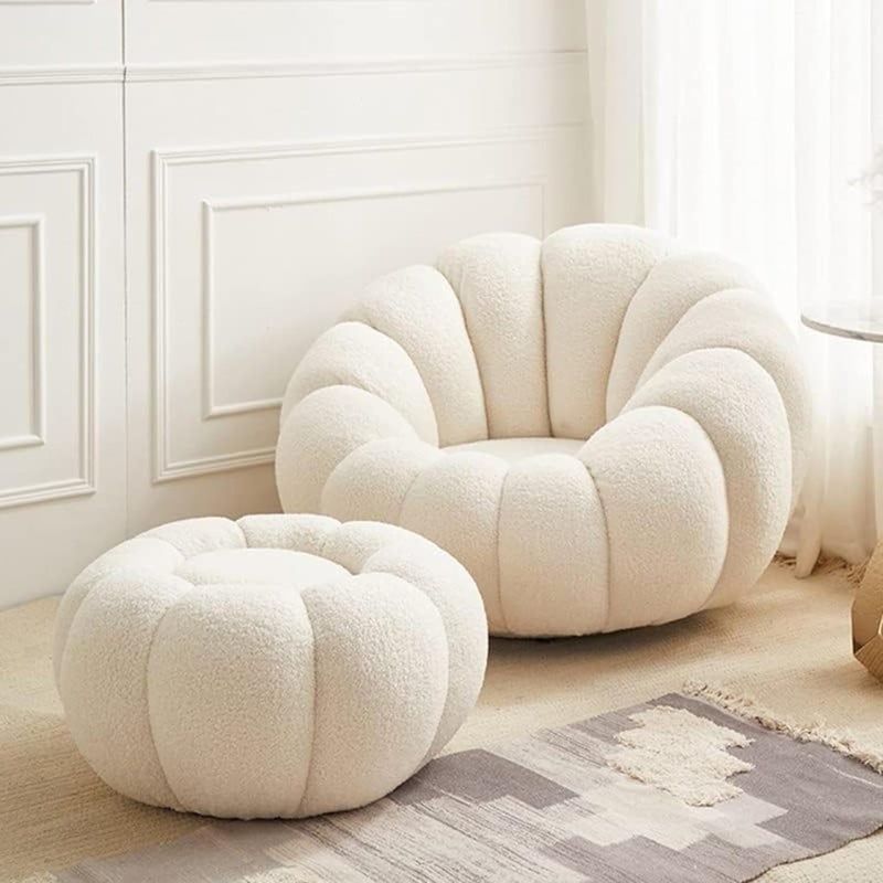 Poppins Home Single Sofa Set Sheep Velvet Round Pumpkin Chair with Footstool Modern Reclining & Sleeping Leisure Chair - Modern Living Room Furniture (White, Single Seater with Footstool) - Image 2