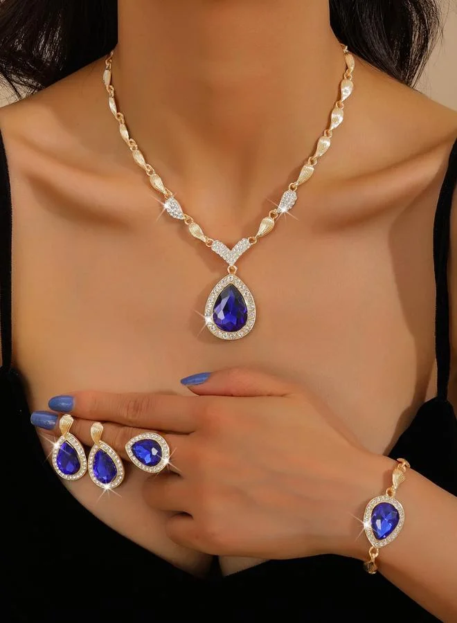 تايك تو طقم مجوهرات قلادة وسوار وخاتم وأقراط مرصعة بأحجار الراين 4 قطع