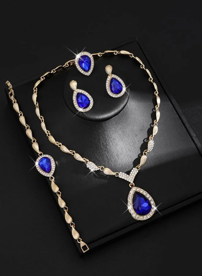 تايك تو طقم مجوهرات قلادة وسوار وخاتم وأقراط مرصعة بأحجار الراين 4 قطع