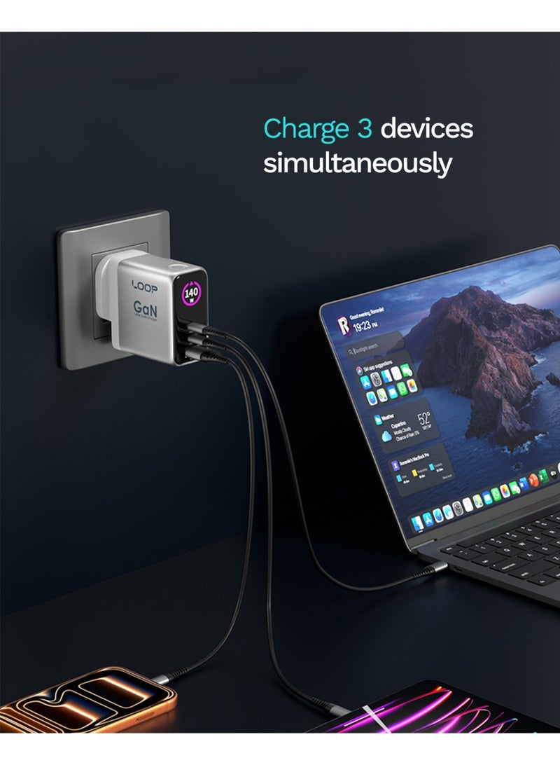 لووب شاحن حائطي LOOP 140W GaN3، شاحن سريع مزدوج بمدخلات USB-C وUSB-A مزود بتقنيتي Power Delivery وQuick Charge، متوافق مع أجهزة MacBook وiPhone وSamsung والأجهزة اللوحية - Image 3