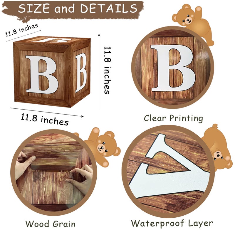 TREWAVE Wood Grain Printing Baby Shower Display Boxes Party Decorations, Neutral Gender Reveal Party Backdrop, Brown Teddy Bear Baby Stacking Blocks Backdrop with Letters for Boy Girl Birthday Party - Image 2