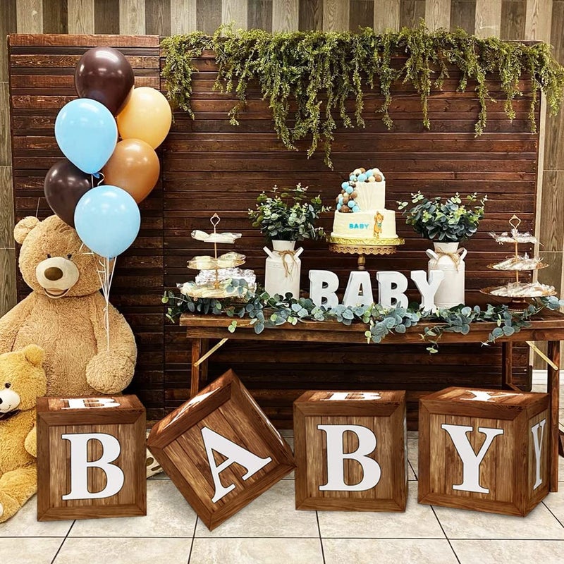 TREWAVE Wood Grain Printing Baby Shower Display Boxes Party Decorations, Neutral Gender Reveal Party Backdrop, Brown Teddy Bear Baby Stacking Blocks Backdrop with Letters for Boy Girl Birthday Party - Image 3