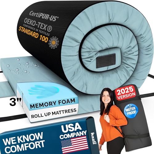 Hazli Matrix Comfort-Cell Memory Foam Camping Mattress Pad - Roll Up Mattress for Adults - Portable Cot Sleeping Pad for Camping - Floor Mat or Bed Roll for Car, SUV - Kids 64’’ x 26’’ x 3’’ - Blue - Image 1