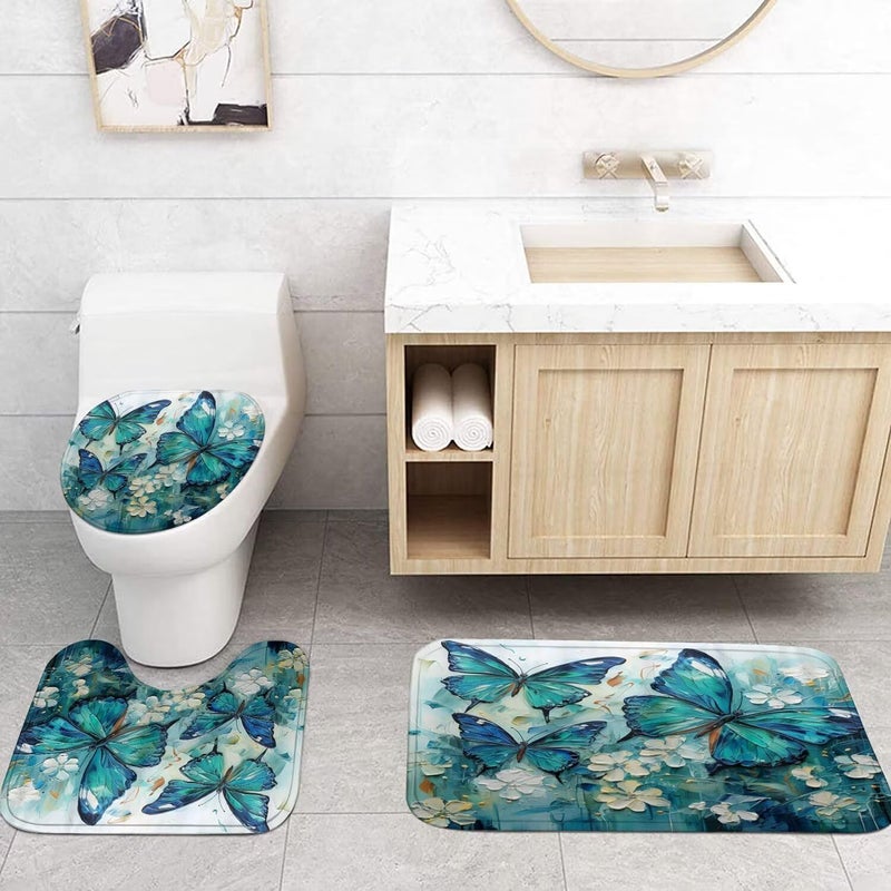 Pretyw 4 Pcs Green Blue Butterfly Shower Curtain Set with Non-Slip Rugs White Flowers Oil Painting Boho Bathroom Set Bathroom Carpet Bath Mat and Toilet Rugs - Image 2