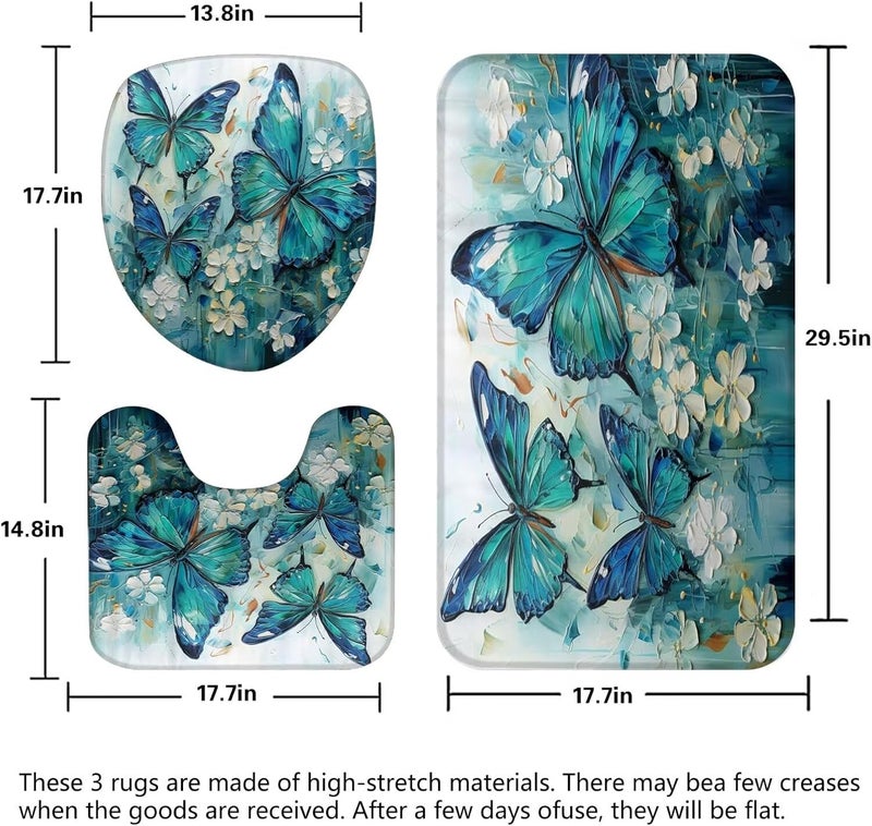 Pretyw 4 Pcs Green Blue Butterfly Shower Curtain Set with Non-Slip Rugs White Flowers Oil Painting Boho Bathroom Set Bathroom Carpet Bath Mat and Toilet Rugs - Image 4