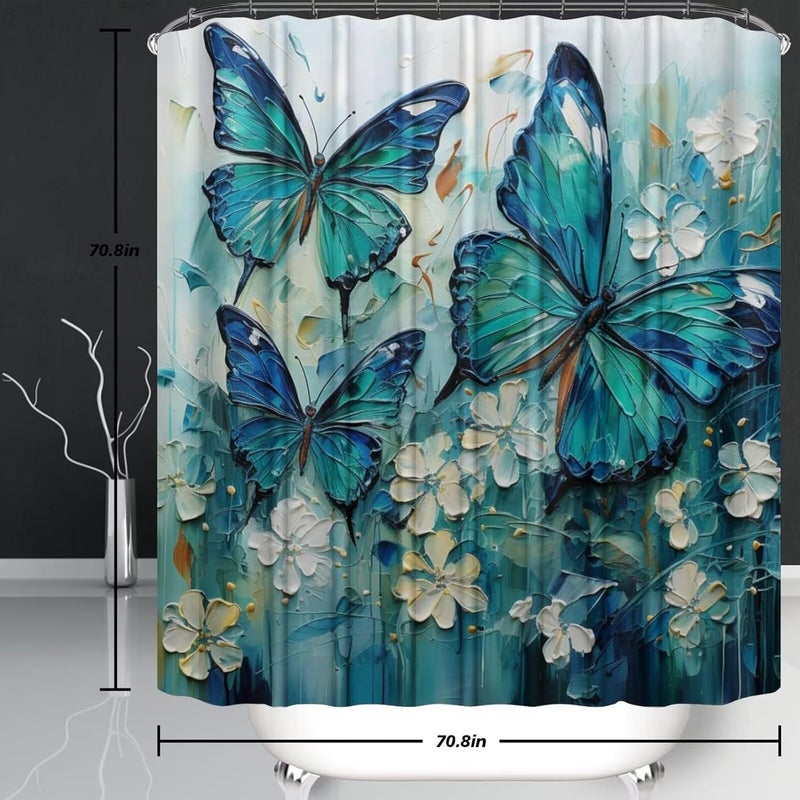 Pretyw 4 Pcs Green Blue Butterfly Shower Curtain Set with Non-Slip Rugs White Flowers Oil Painting Boho Bathroom Set Bathroom Carpet Bath Mat and Toilet Rugs - Image 3