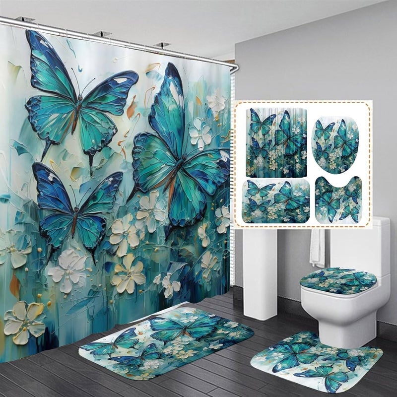 Pretyw 4 Pcs Green Blue Butterfly Shower Curtain Set with Non-Slip Rugs White Flowers Oil Painting Boho Bathroom Set Bathroom Carpet Bath Mat and Toilet Rugs - Image 1