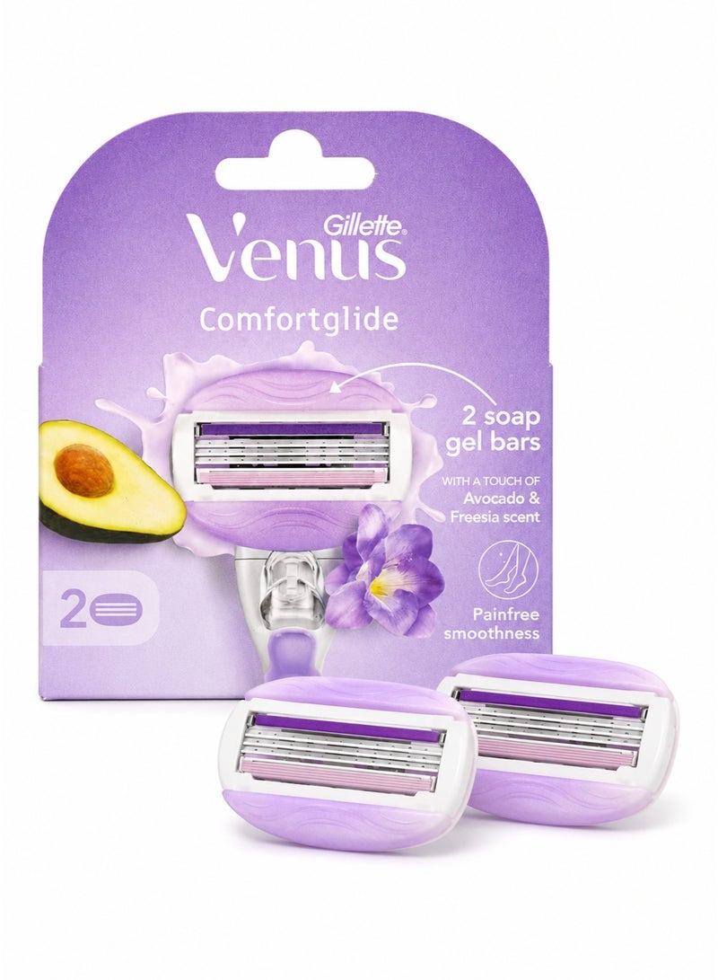Venus Comfortglide Razor Refills Pack of 2, Avocado & Freesia Scent, 2 Soap Gel Bars, Women’s Replacement Blades, No Handle Included - Image 1