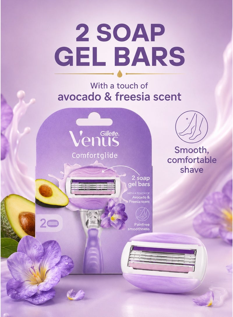 Venus Comfortglide Razor Refills Pack of 2, Avocado & Freesia Scent, 2 Soap Gel Bars, Women’s Replacement Blades, No Handle Included - Image 2