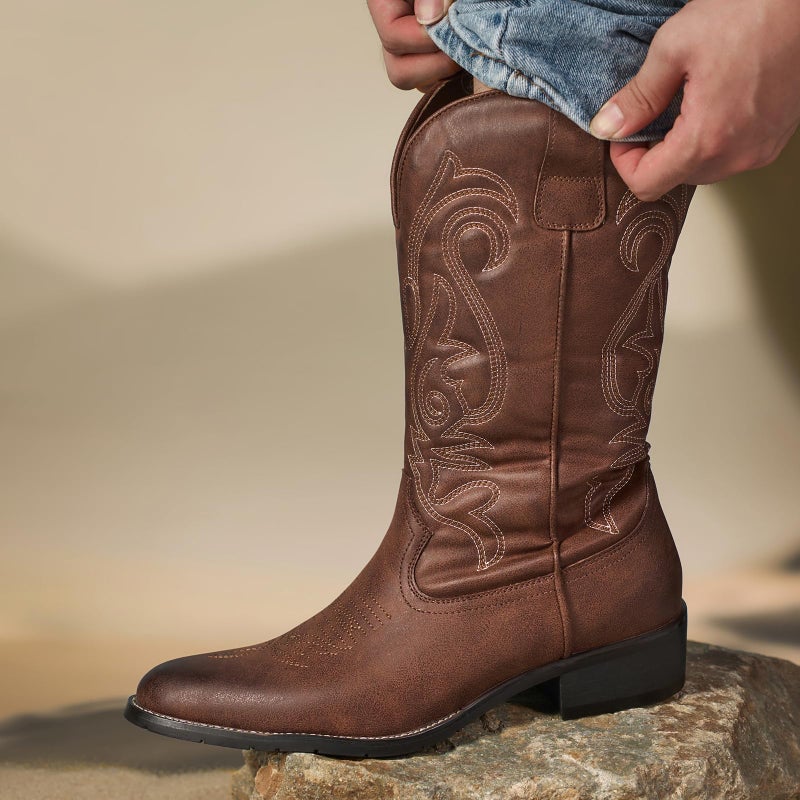 TruVeld Mens Cowboy Boots with Pointed Toe in Brown Retro Western Style and Embroidery Botas Vaqueras para Hombre - Image 2