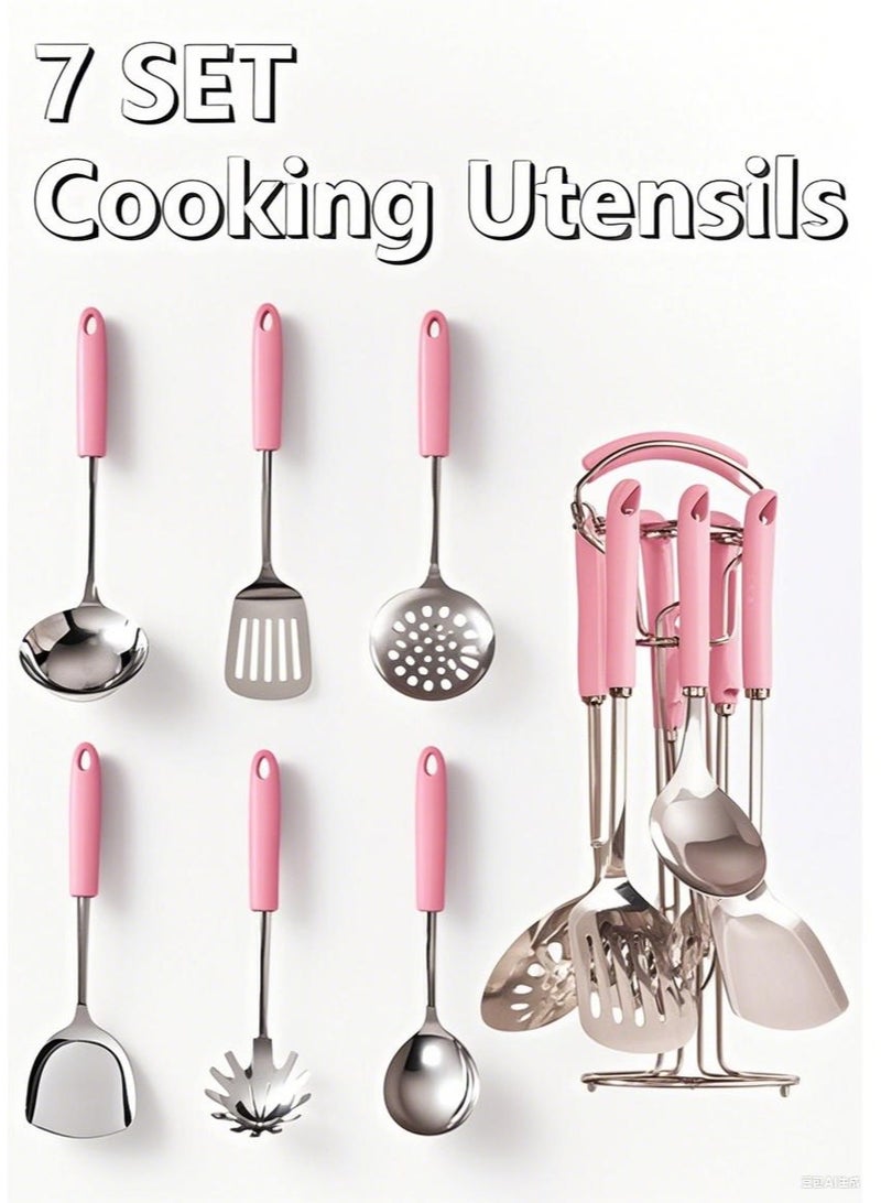 مجموعة مكونات مطبخ من الفولاذ المقاوم للصدأ من سبع قطع (وردي) - مجموعة أدوات طهي من 7 قطع مع رف تعليقيشمل: ملعقة ذات شقوق، مفرش مائل ذو شقوق، ملعقة كبيرة، ملعقة صب، مفرش مسطح، ملعقة پاستا - Image 1