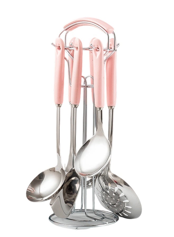 مجموعة مكونات مطبخ من الفولاذ المقاوم للصدأ من سبع قطع (وردي) - مجموعة أدوات طهي من 7 قطع مع رف تعليقيشمل: ملعقة ذات شقوق، مفرش مائل ذو شقوق، ملعقة كبيرة، ملعقة صب، مفرش مسطح، ملعقة پاستا - Image 2