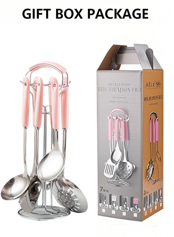مجموعة مكونات مطبخ من الفولاذ المقاوم للصدأ من سبع قطع (وردي) - مجموعة أدوات طهي من 7 قطع مع رف تعليقيشمل: ملعقة ذات شقوق، مفرش مائل ذو شقوق، ملعقة كبيرة، ملعقة صب، مفرش مسطح، ملعقة پاستا - Image 5