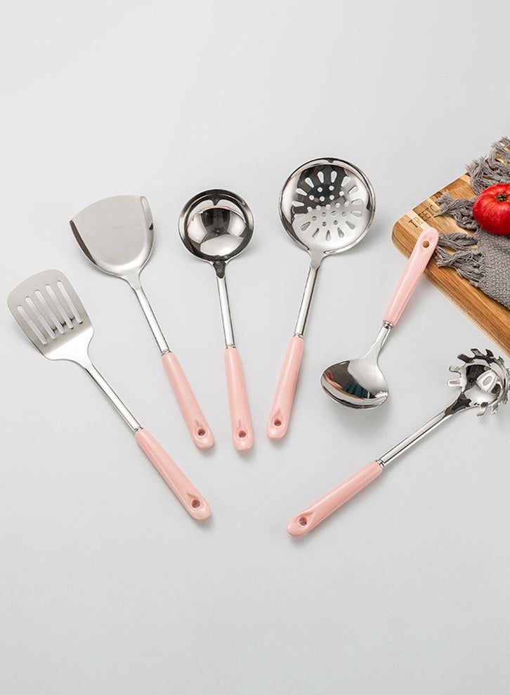 مجموعة مكونات مطبخ من الفولاذ المقاوم للصدأ من سبع قطع (وردي) - مجموعة أدوات طهي من 7 قطع مع رف تعليقيشمل: ملعقة ذات شقوق، مفرش مائل ذو شقوق، ملعقة كبيرة، ملعقة صب، مفرش مسطح، ملعقة پاستا - Image 3