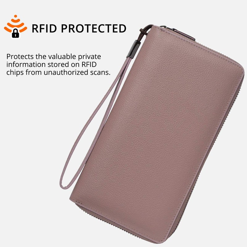 Bveyzi Women RFID Blocking Wallet Leather Zip Around Phone Clutch Large Capacity Ladies Travel Purse Wristlet (Dark Pink) - Image 5