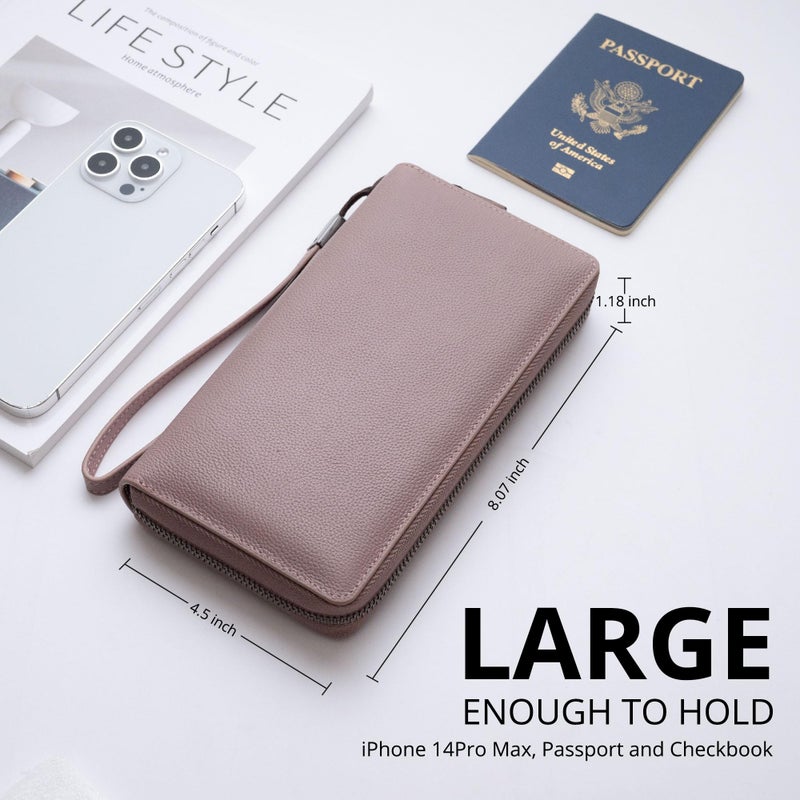 Bveyzi Women RFID Blocking Wallet Leather Zip Around Phone Clutch Large Capacity Ladies Travel Purse Wristlet (Dark Pink) - Image 3