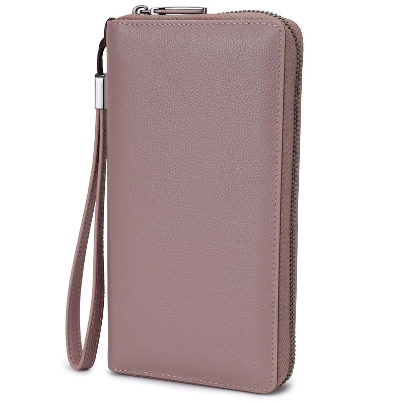 Bveyzi Women RFID Blocking Wallet Leather Zip Around Phone Clutch Large Capacity Ladies Travel Purse Wristlet (Dark Pink) - Image 1