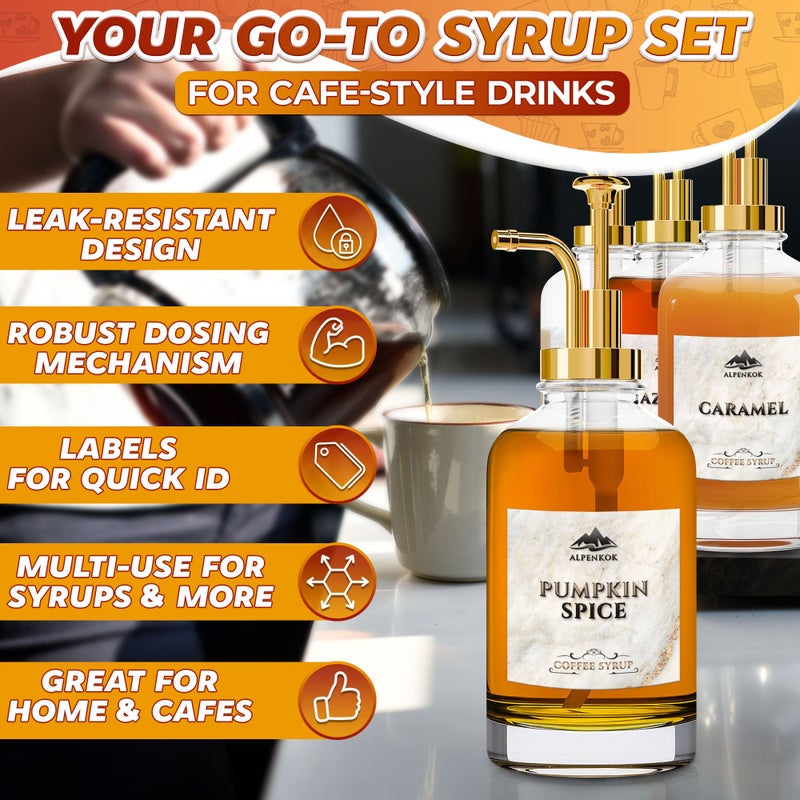 ALPENKOK Set of 4 Coffee Syrup Bottles 16.9oz 500 ml â€“ Coffee Syrup Glass Dispenser with 18 Marked Labels, Leak-Proof, Easy Cleaning â€“ Coffee Station Accessories for Home Bar | Event Ready (Golden Pumps) - Image 4