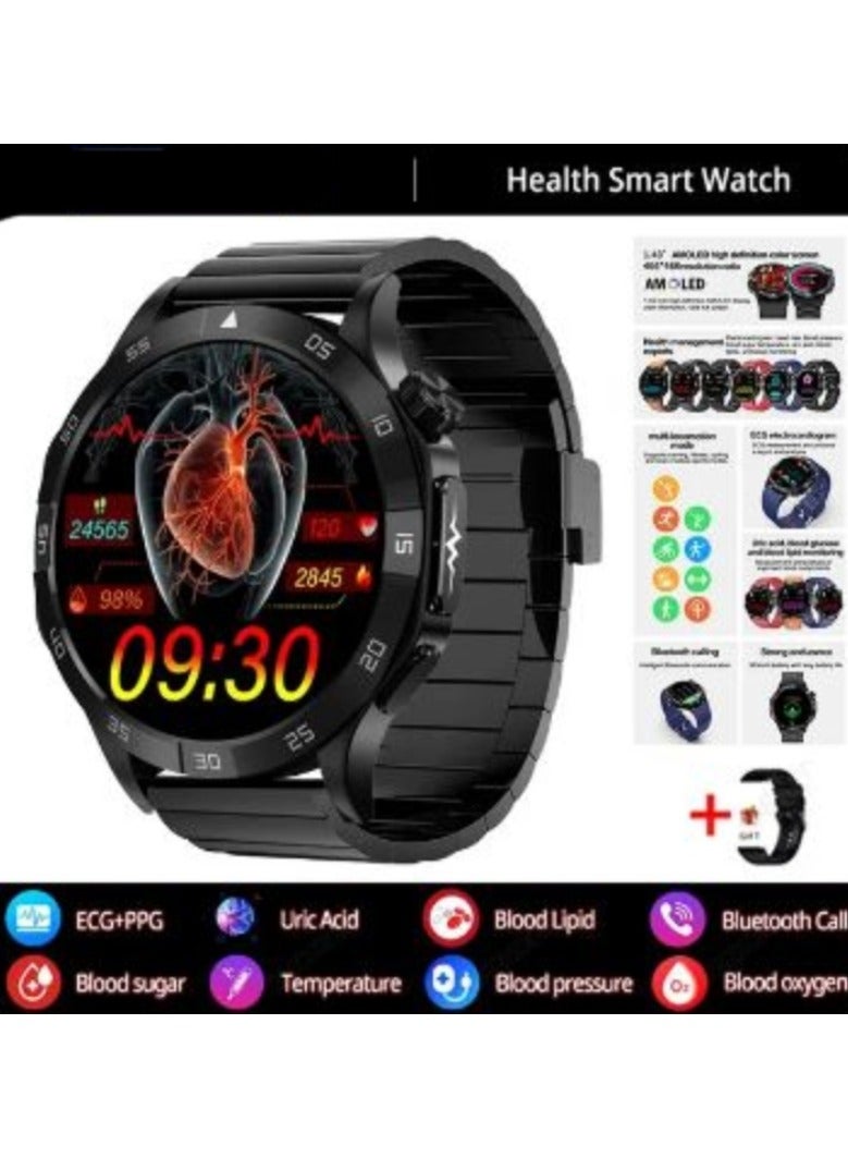 ارواق ساعة ذكية 1.43 بوصة، شاشة AMOLED، نسبة الدهون في الدم، مراقبة صحة حمض اليوريك، ساعة رياضية ذكية ECG+PPG HD، بلوتوث مكالمة AI Voice Smartwatch SOS (فولاذ مقاوم للصدأ مع حزام إضافي واحد) - Image 1