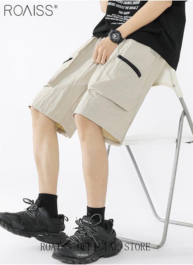 roaiss - Mid Waist Outdoor Sports Shorts for Men Retro Casual Lightweight Cool Fabric Loose Drawstring Beach Shorts Mens Simple Comfortable Breathable Skin-Friendly Cargo Half Pants - Image 1