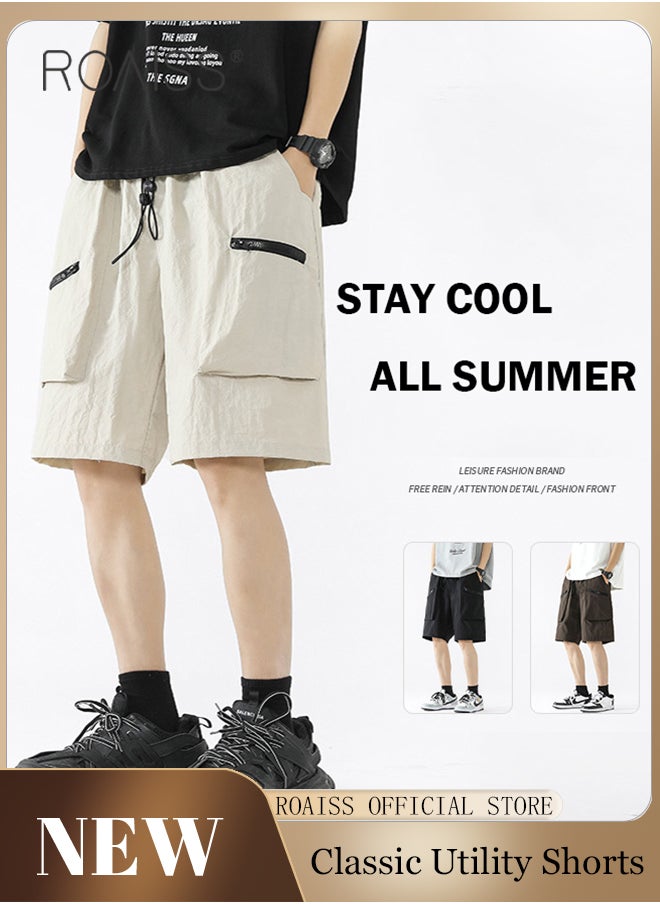 roaiss - Mid Waist Outdoor Sports Shorts for Men Retro Casual Lightweight Cool Fabric Loose Drawstring Beach Shorts Mens Simple Comfortable Breathable Skin-Friendly Cargo Half Pants - Image 1
