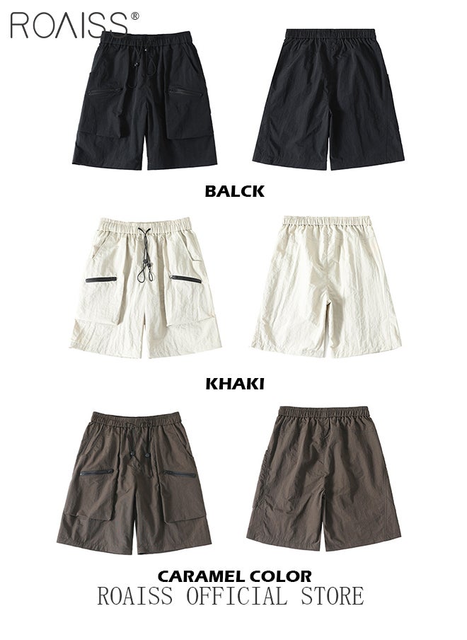 roaiss - Mid Waist Outdoor Sports Shorts for Men Retro Casual Lightweight Cool Fabric Loose Drawstring Beach Shorts Mens Simple Comfortable Breathable Skin-Friendly Cargo Half Pants - Image 1