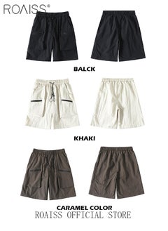 roaiss Mid Waist Outdoor Sports Shorts for Men Retro Casual Lightweight Cool Fabric Loose Drawstring Beach Shorts Mens Simple Comfortable Breathable Skin-Friendly Cargo Half Pants  - Image 3