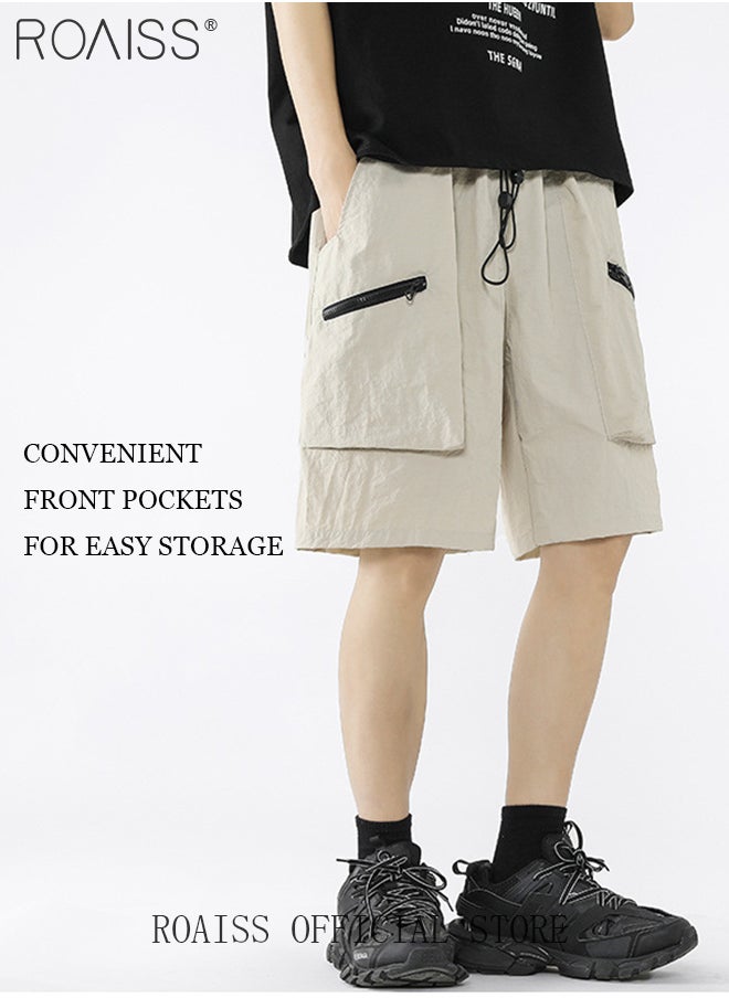 roaiss - Mid Waist Outdoor Sports Shorts for Men Retro Casual Lightweight Cool Fabric Loose Drawstring Beach Shorts Mens Simple Comfortable Breathable Skin-Friendly Cargo Half Pants - Image 1